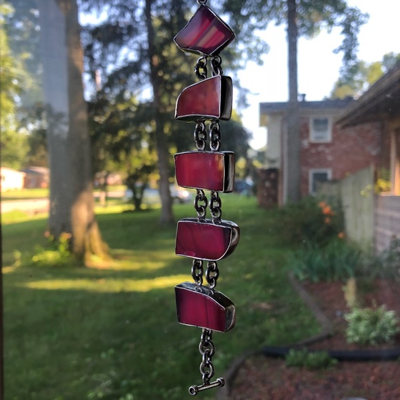 Vintage Sterling Silver Pink Agate Toggle Bracelet - Picture 14 of 16